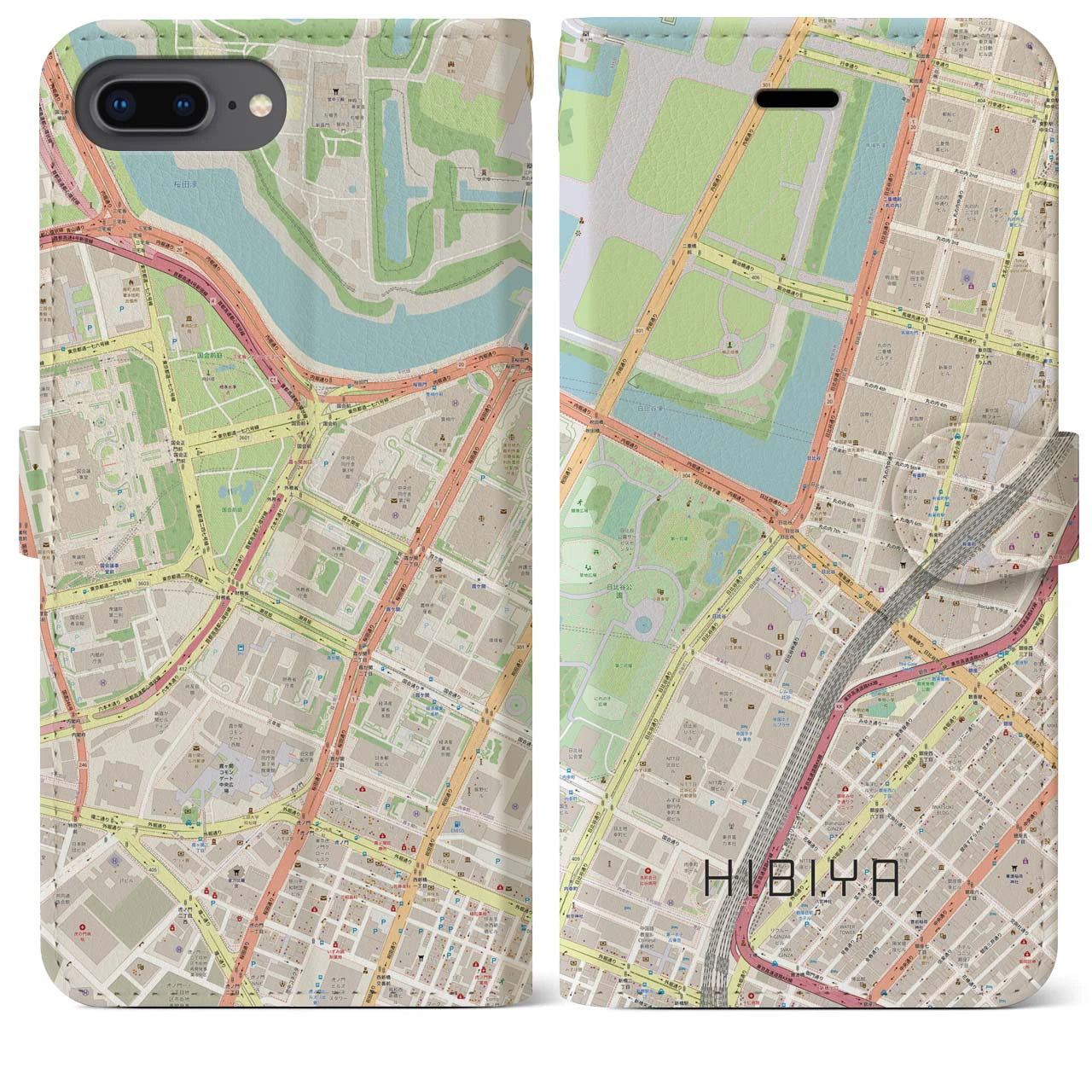 【日比谷(東京都)】地図柄iPhoneケース(手帳タイプ)ナチュラル・iPhone 8Plus /7Plus / 6sPlus / 6Plus 用