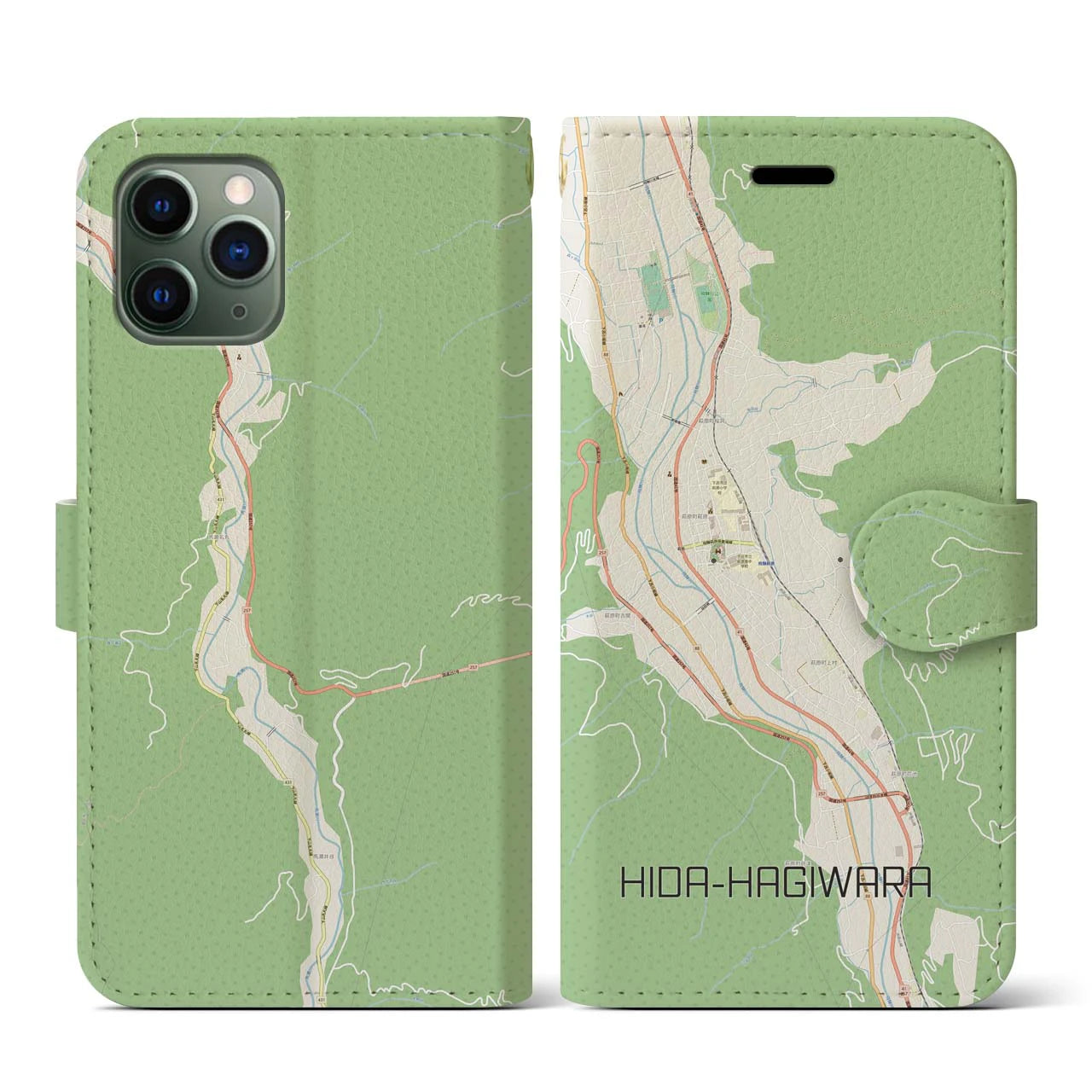 【飛騨萩原(岐阜県)】地図柄iPhoneケース(手帳タイプ)ナチュラル・iPhone 11 Pro 用