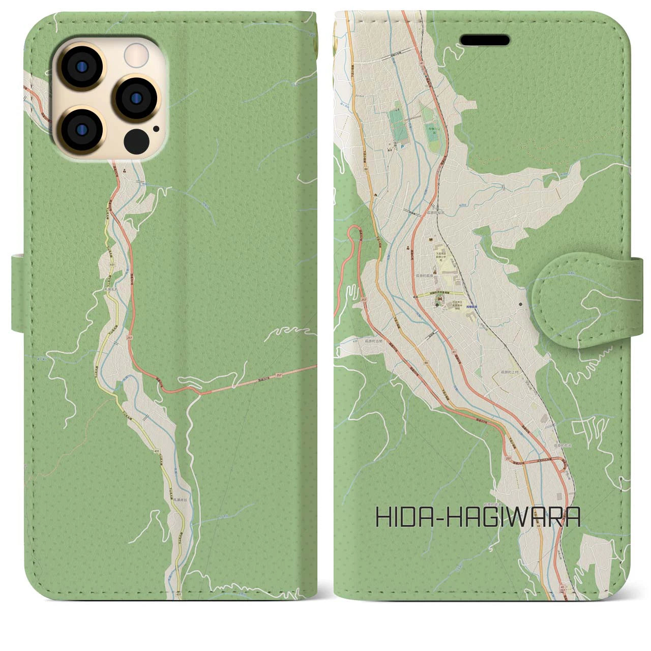 【飛騨萩原(岐阜県)】地図柄iPhoneケース(手帳タイプ)ナチュラル・iPhone 12 Pro Max 用