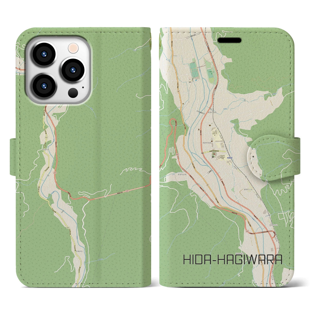 【飛騨萩原(岐阜県)】地図柄iPhoneケース(手帳タイプ)ナチュラル・iPhone 13 Pro 用