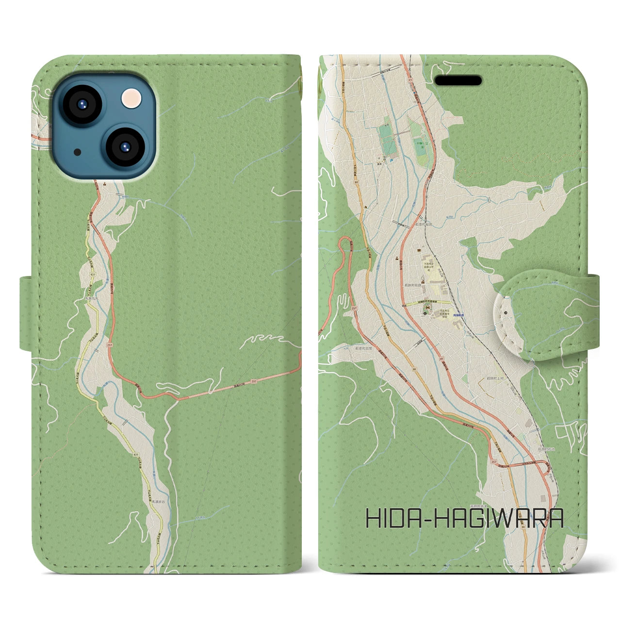 【飛騨萩原(岐阜県)】地図柄iPhoneケース(手帳タイプ)ナチュラル・iPhone 13 用