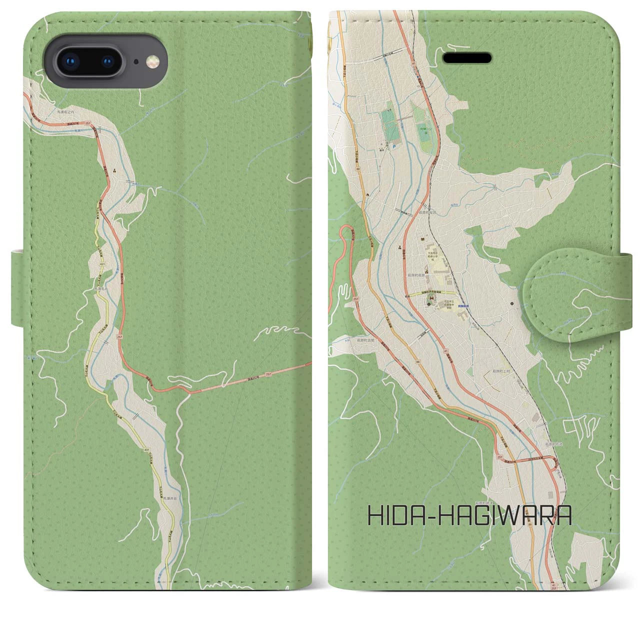 【飛騨萩原(岐阜県)】地図柄iPhoneケース(手帳タイプ)ナチュラル・iPhone 8Plus /7Plus / 6sPlus / 6Plus 用