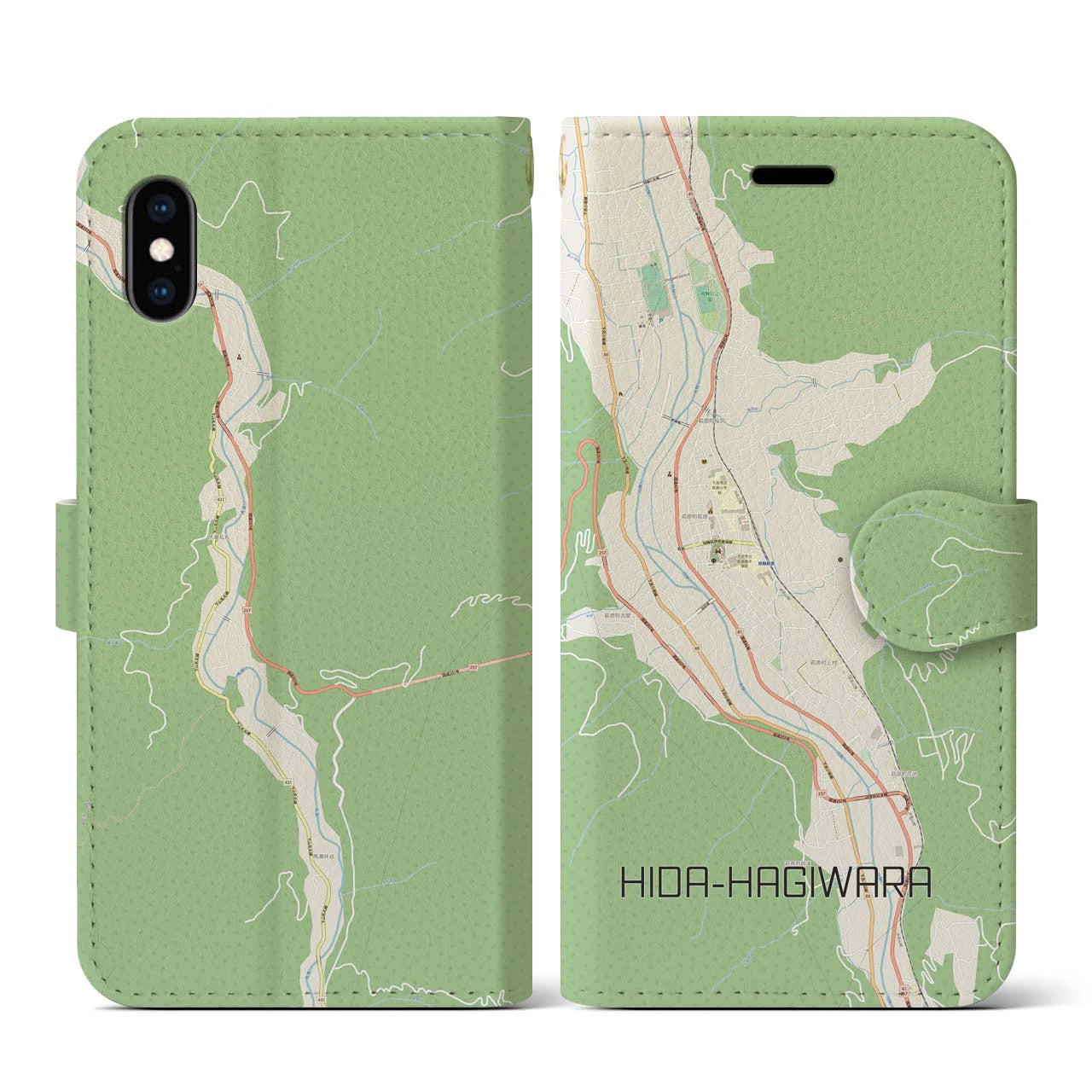 【飛騨萩原(岐阜県)】地図柄iPhoneケース(手帳タイプ)ナチュラル・iPhone XS / X 用