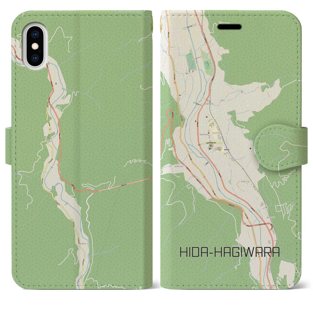 【飛騨萩原(岐阜県)】地図柄iPhoneケース(手帳タイプ)ナチュラル・iPhone XS Max 用