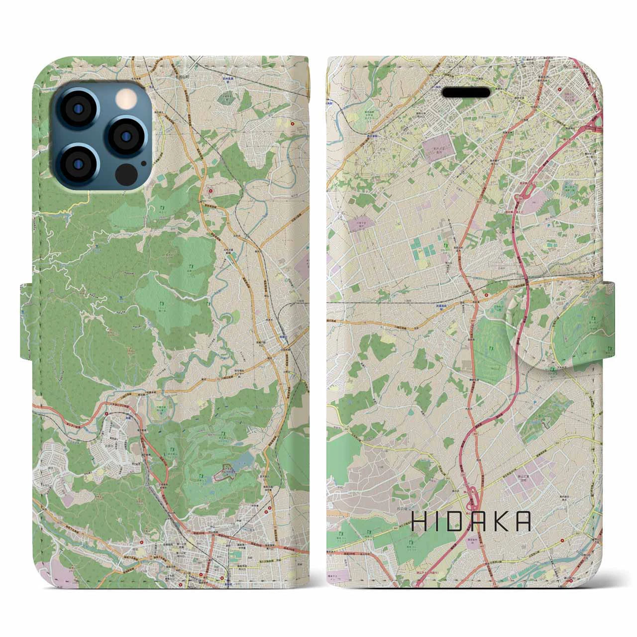 【日高(埼玉県)】地図柄iPhoneケース(手帳タイプ)ナチュラル・iPhone 12 / 12 Pro 用