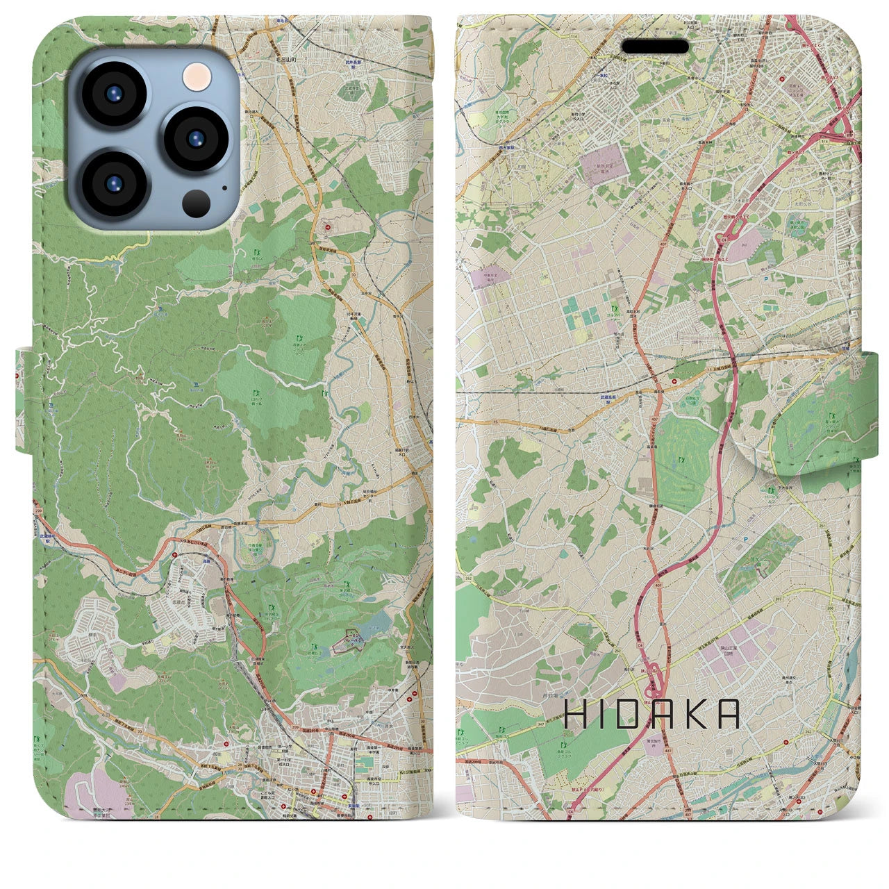 【日高(埼玉県)】地図柄iPhoneケース(手帳タイプ)ナチュラル・iPhone 13 Pro Max 用