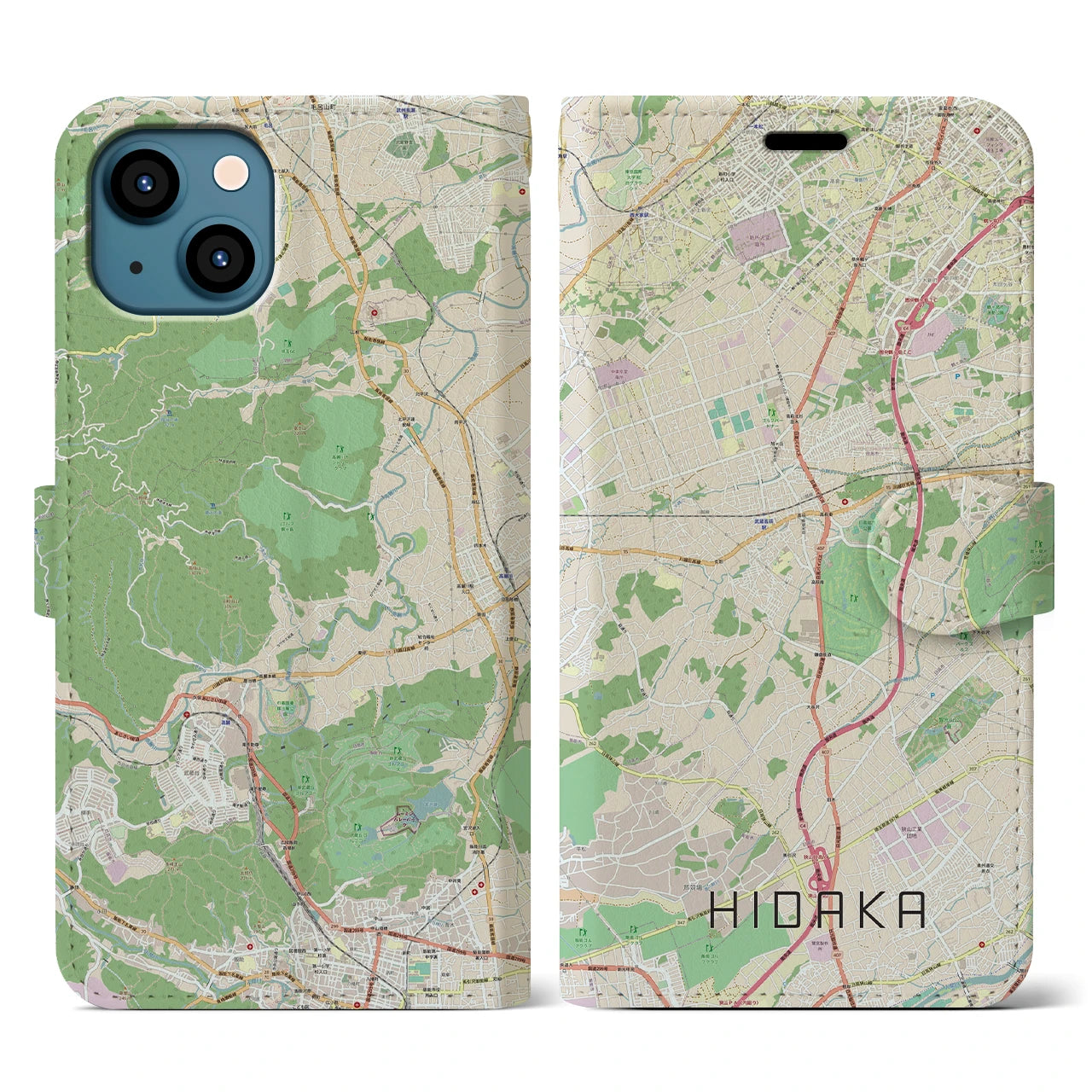 【日高(埼玉県)】地図柄iPhoneケース(手帳タイプ)ナチュラル・iPhone 13 用