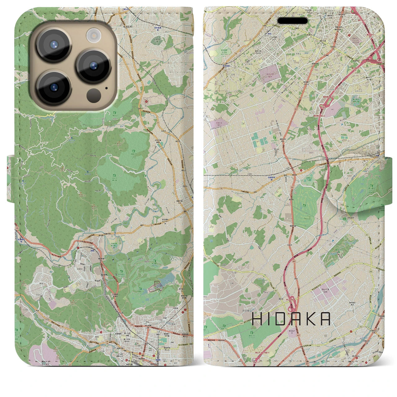 【日高(埼玉県)】地図柄iPhoneケース(手帳タイプ)ナチュラル・iPhone 14 Pro Max 用