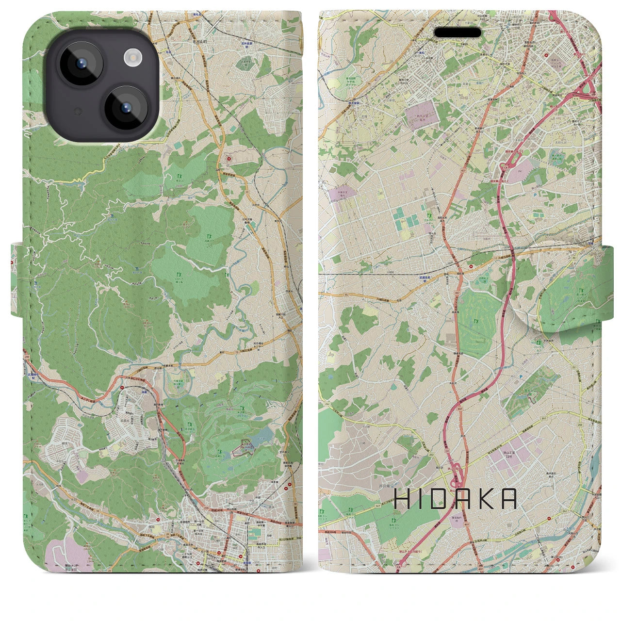 【日高(埼玉県)】地図柄iPhoneケース(手帳タイプ)ナチュラル・iPhone 14 Plus 用