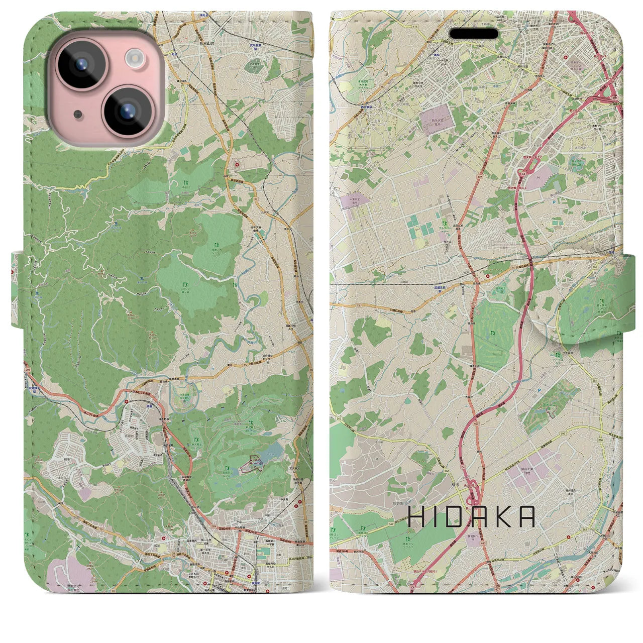 【日高(埼玉県)】地図柄iPhoneケース(手帳タイプ)ナチュラル・iPhone 15 Plus 用