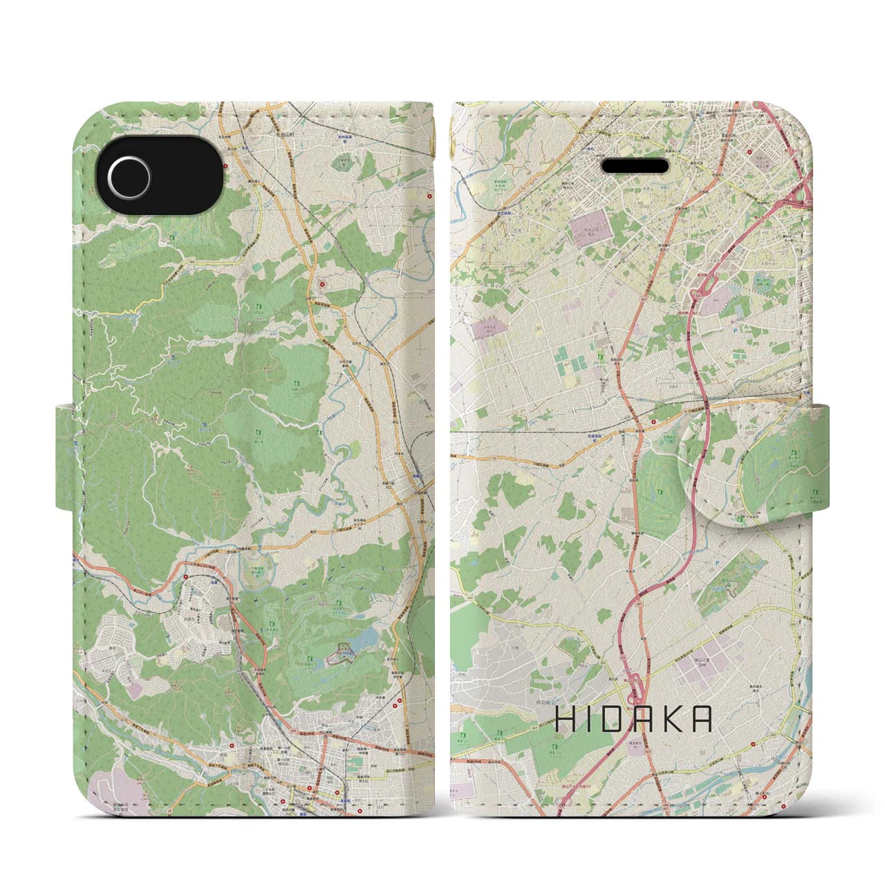 【日高(埼玉県)】地図柄iPhoneケース(手帳タイプ)ナチュラル・iPhone SE(第3 / 第2世代) / 8 / 7 / 6s / 6 用