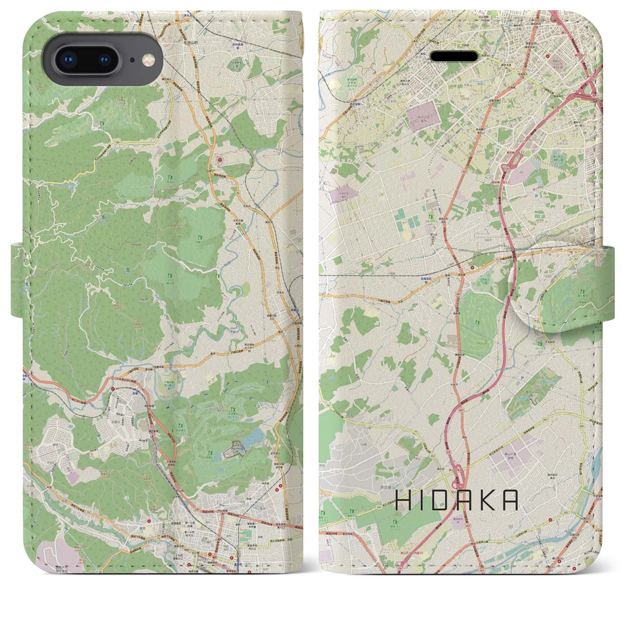 【日高(埼玉県)】地図柄iPhoneケース(手帳タイプ)ナチュラル・iPhone 8Plus /7Plus / 6sPlus / 6Plus 用