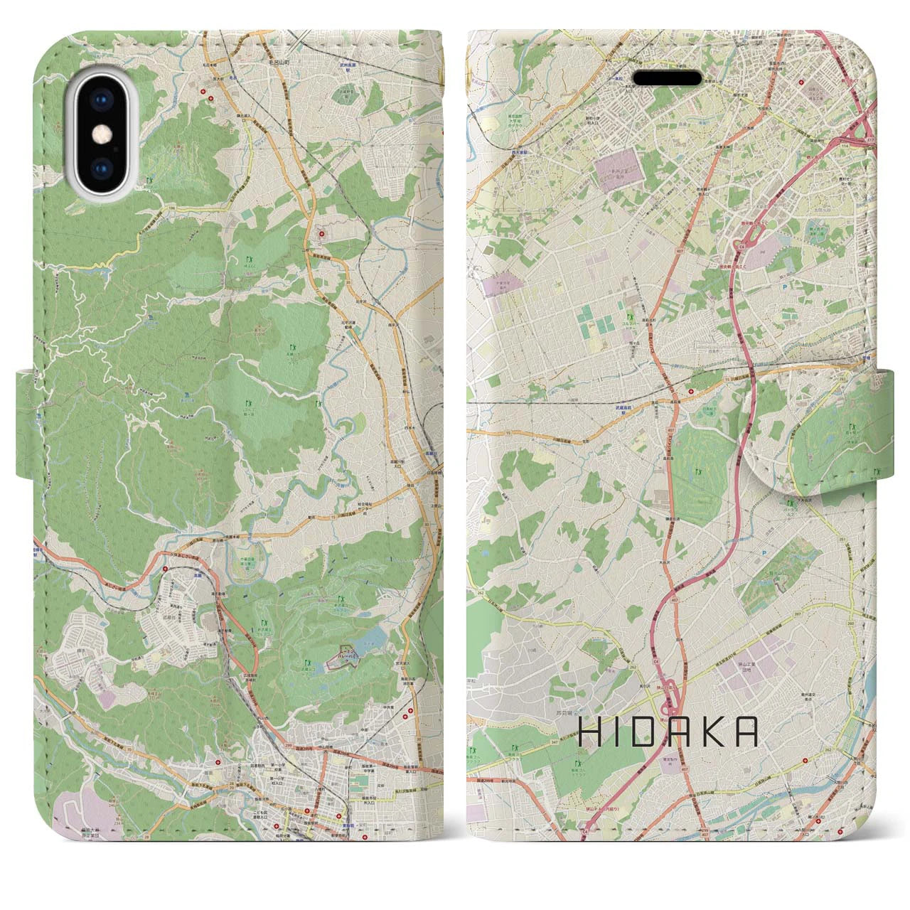 【日高(埼玉県)】地図柄iPhoneケース(手帳タイプ)ナチュラル・iPhone XS Max 用