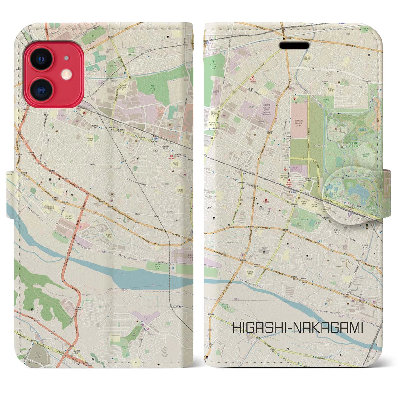 【東中神(東京都)】地図柄iPhoneケース(手帳タイプ)ナチュラル・iPhone 11 用