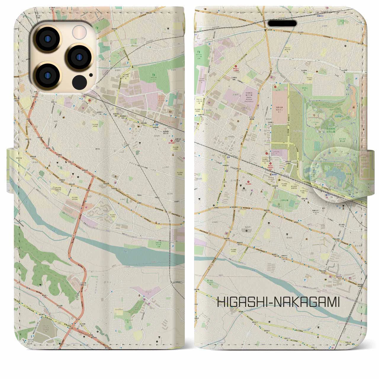 【東中神(東京都)】地図柄iPhoneケース(手帳タイプ)ナチュラル・iPhone 12 Pro Max 用
