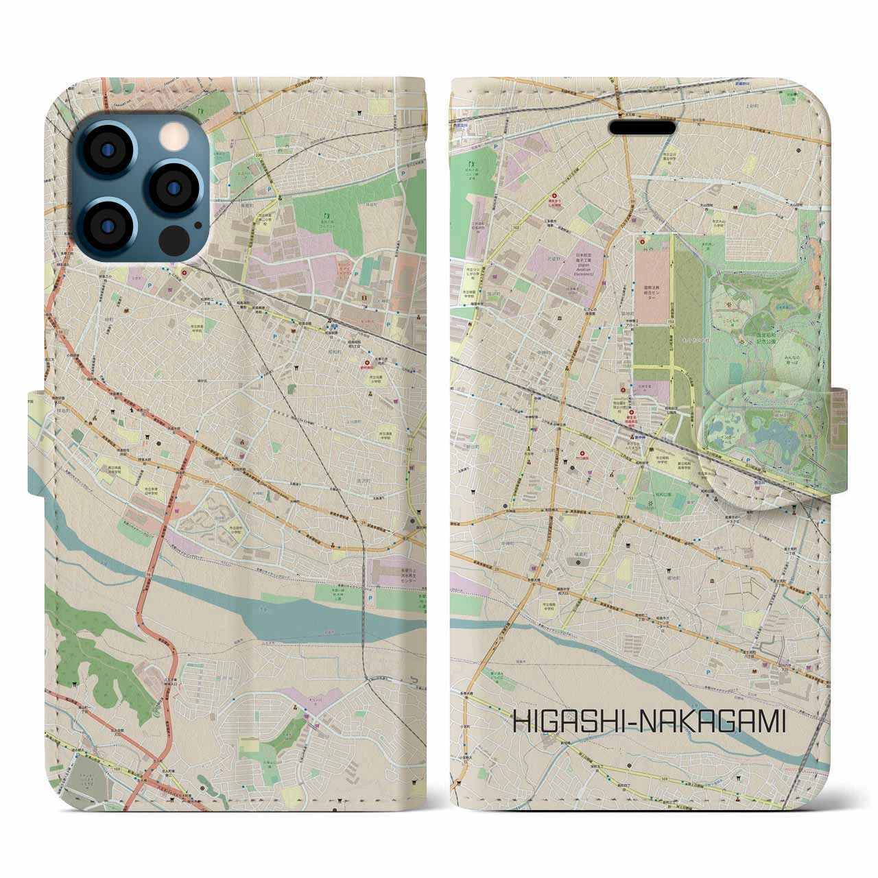 【東中神(東京都)】地図柄iPhoneケース(手帳タイプ)ナチュラル・iPhone 12 / 12 Pro 用