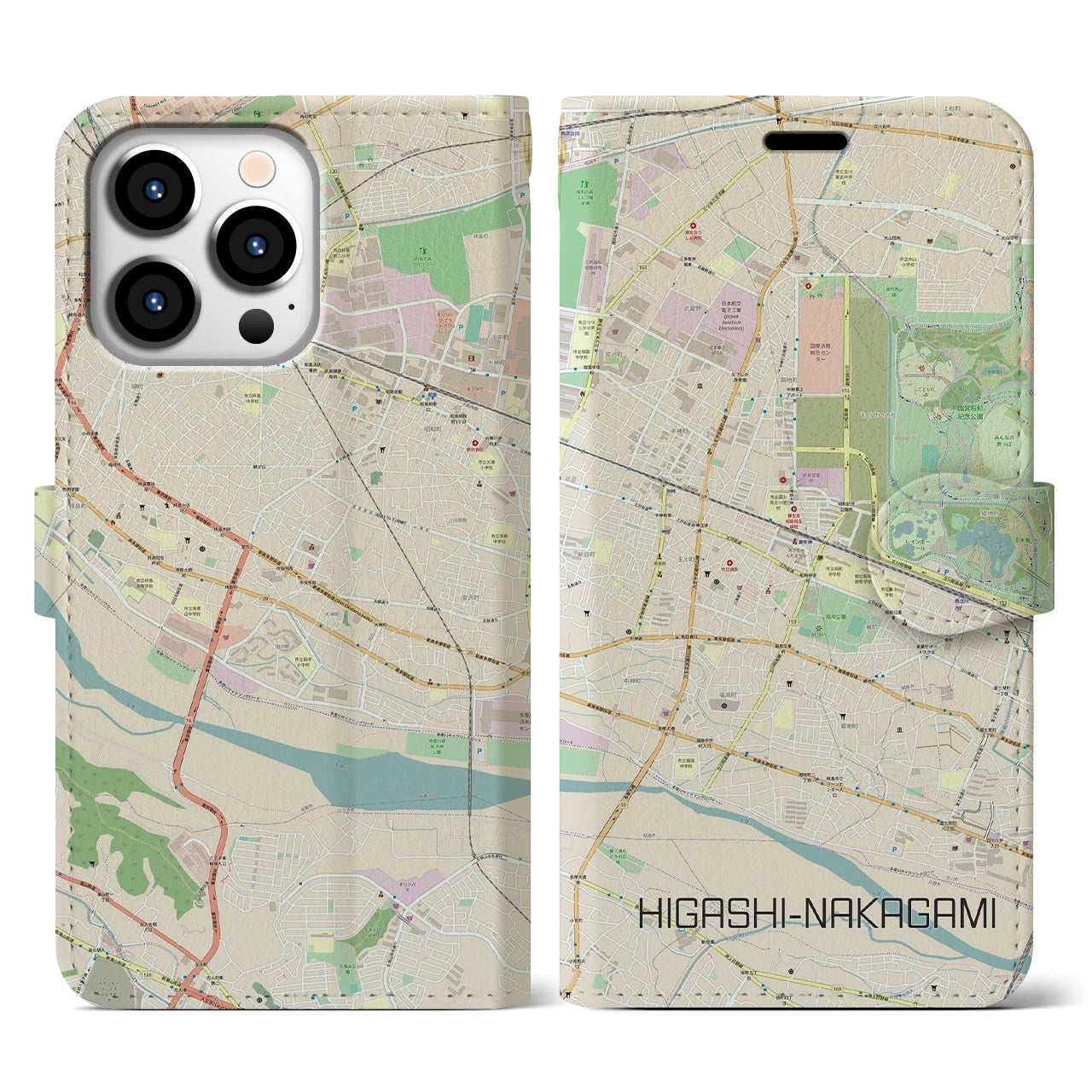 【東中神(東京都)】地図柄iPhoneケース(手帳タイプ)ナチュラル・iPhone 13 Pro 用