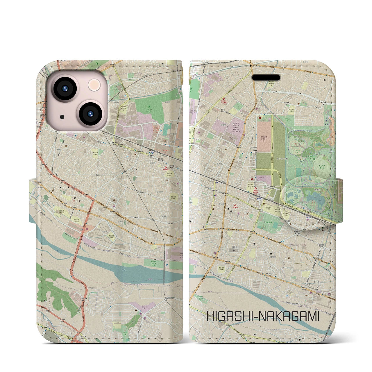 【東中神(東京都)】地図柄iPhoneケース(手帳タイプ)ナチュラル・iPhone 13 mini 用
