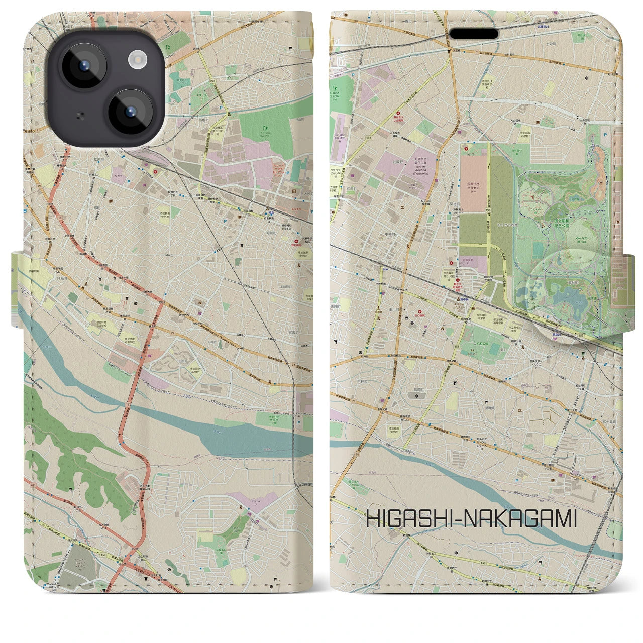 【東中神(東京都)】地図柄iPhoneケース(手帳タイプ)ナチュラル・iPhone 14 Plus 用