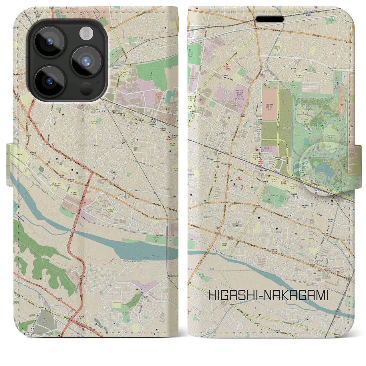 【東中神(東京都)】地図柄iPhoneケース(手帳タイプ)ナチュラル・iPhone 15 Pro Max 用