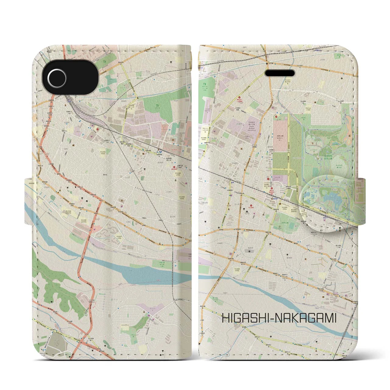【東中神(東京都)】地図柄iPhoneケース(手帳タイプ)ナチュラル・iPhone SE(第3 / 第2世代) / 8 / 7 / 6s / 6 用
