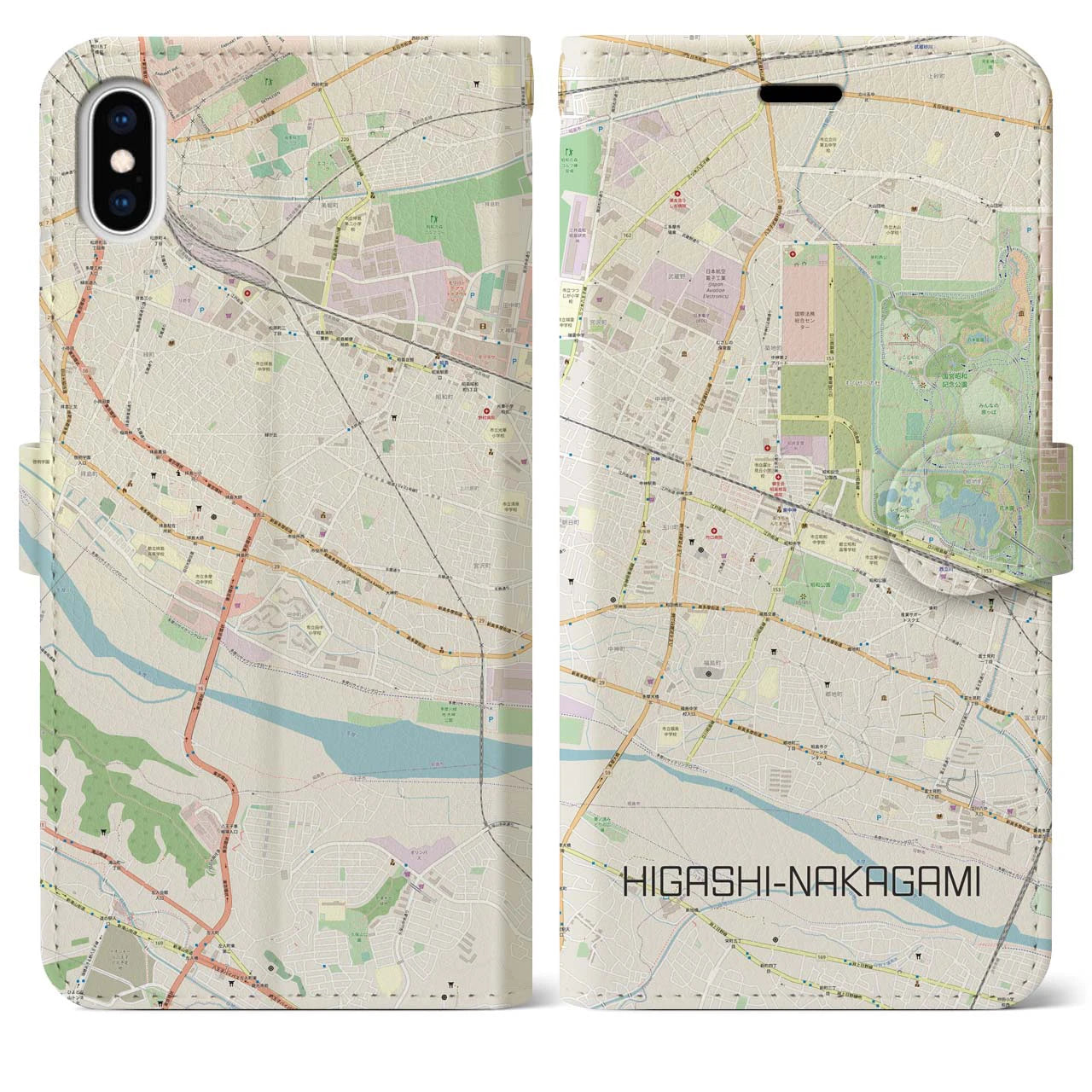 【東中神(東京都)】地図柄iPhoneケース(手帳タイプ)ナチュラル・iPhone XS Max 用