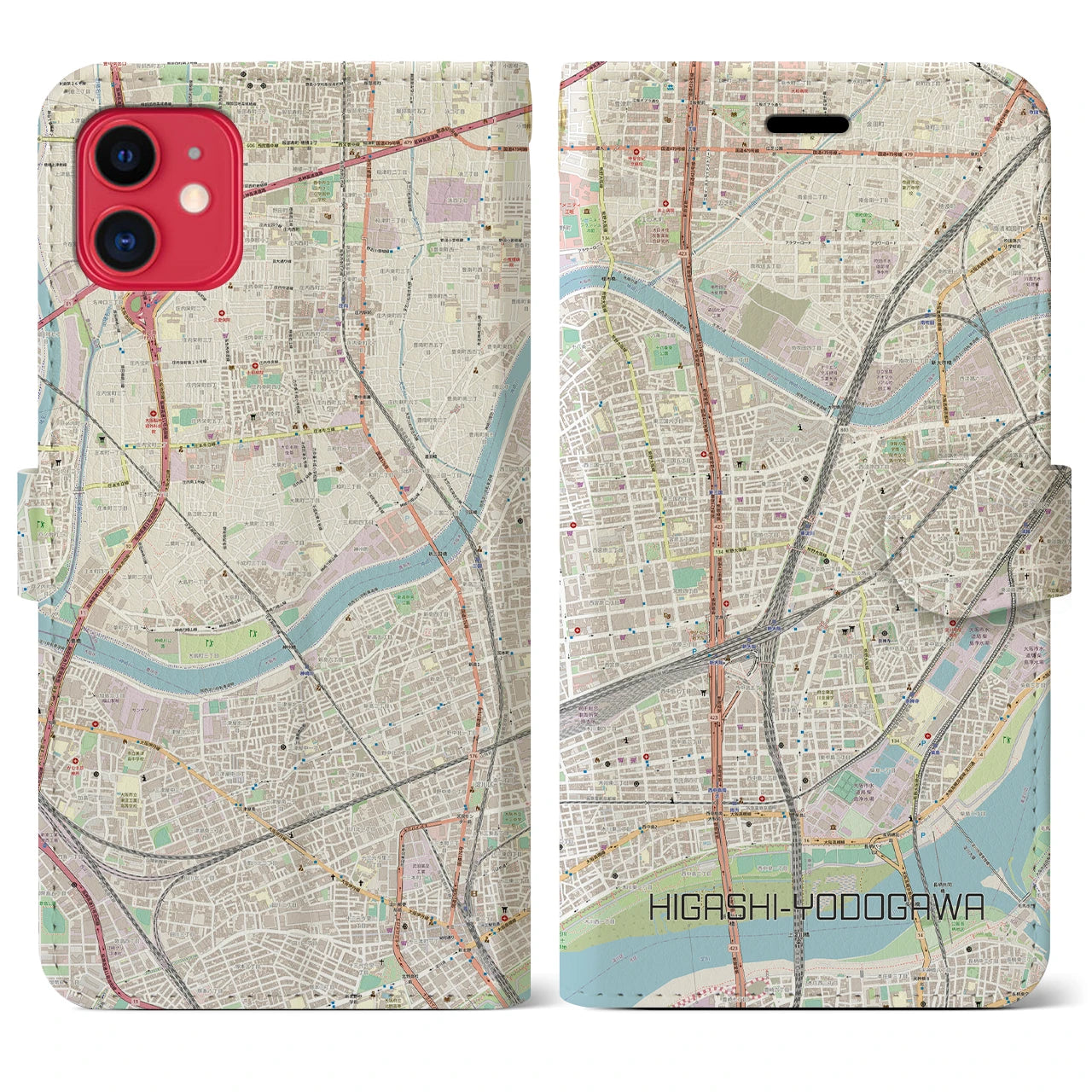 【東淀川(大阪府)】地図柄iPhoneケース(手帳タイプ)ナチュラル・iPhone 11 用