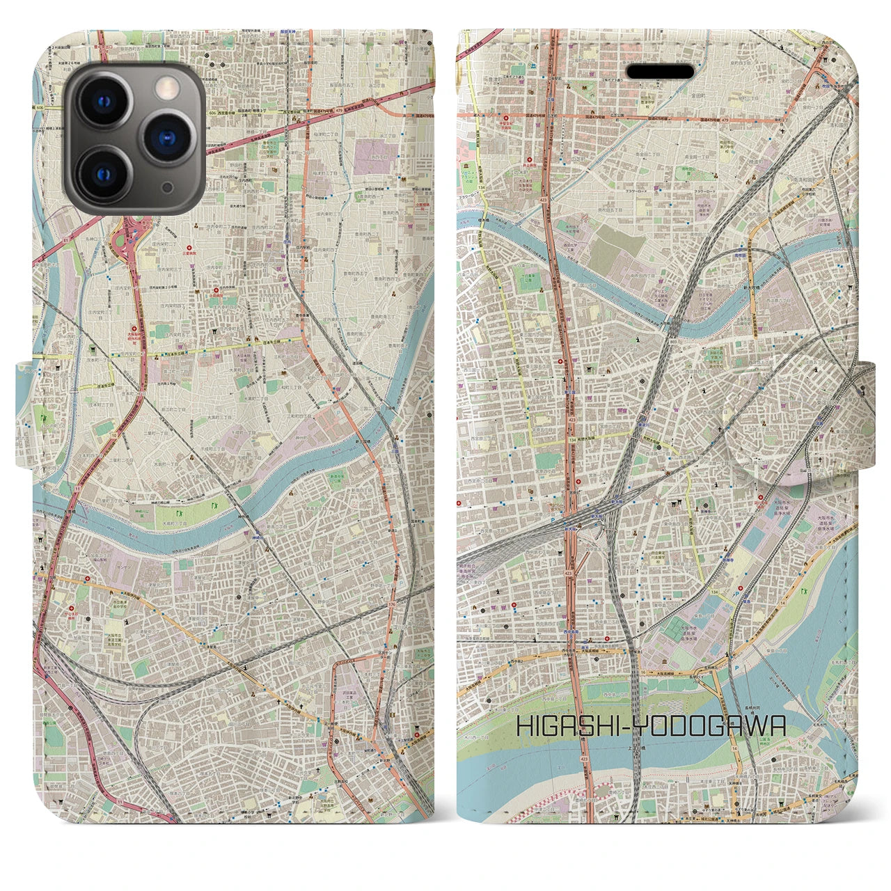 【東淀川(大阪府)】地図柄iPhoneケース(手帳タイプ)ナチュラル・iPhone 11 Pro Max 用