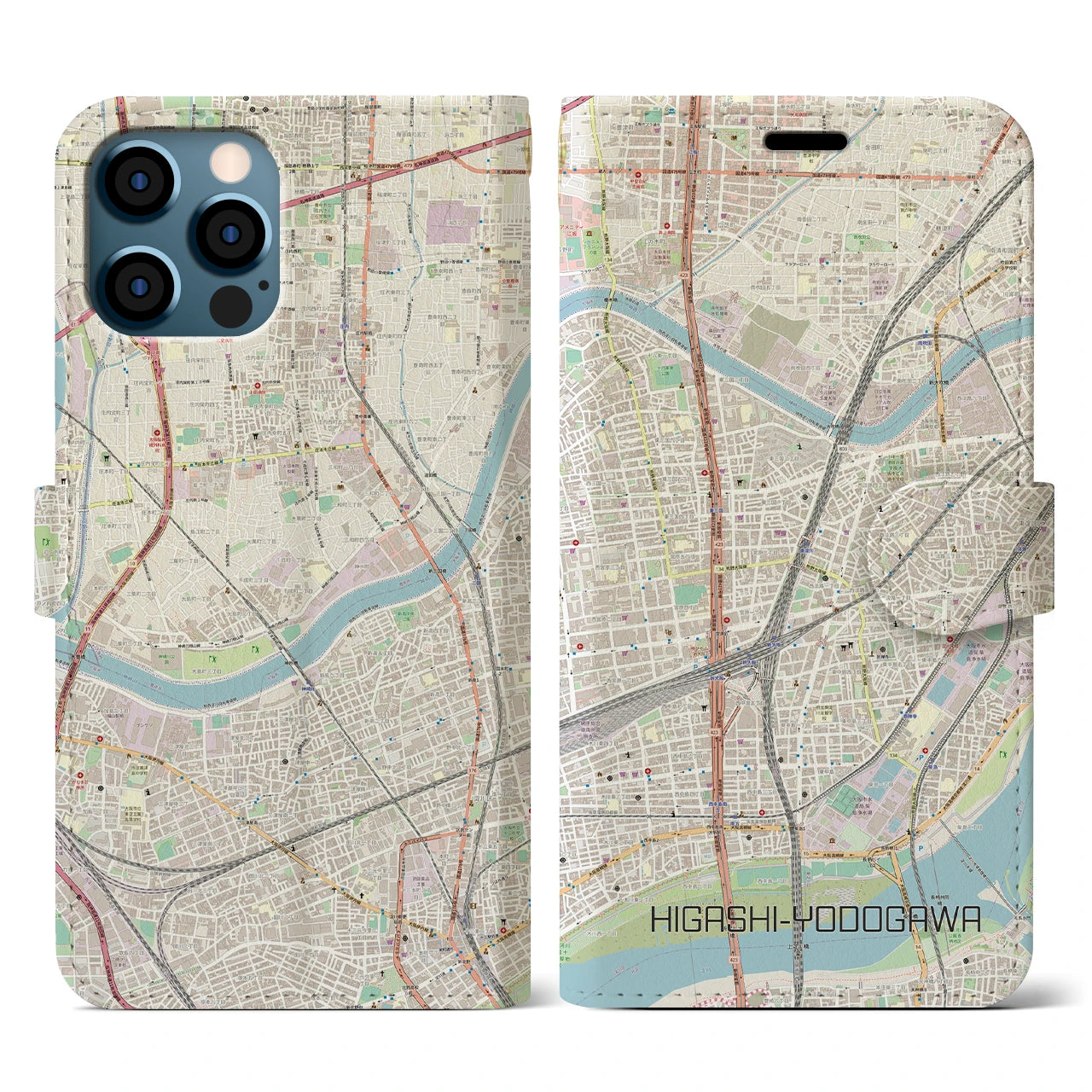 【東淀川(大阪府)】地図柄iPhoneケース(手帳タイプ)ナチュラル・iPhone 12 / 12 Pro 用