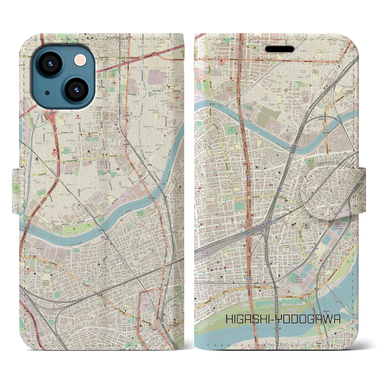 【東淀川(大阪府)】地図柄iPhoneケース(手帳タイプ)ナチュラル・iPhone 13 用