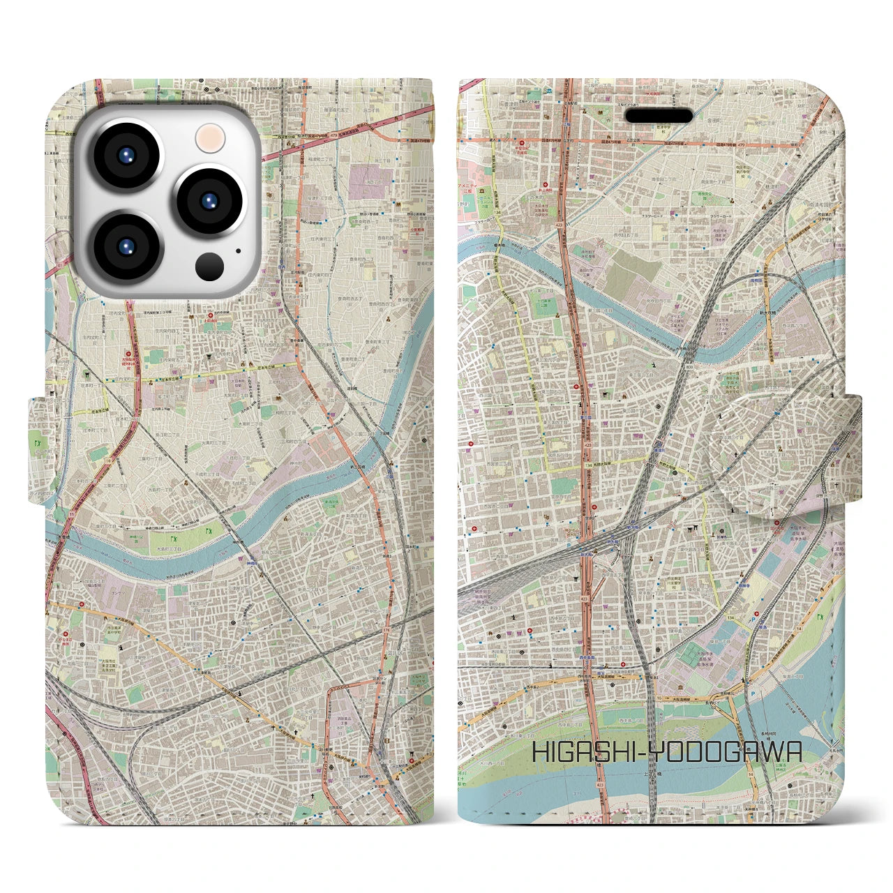 【東淀川(大阪府)】地図柄iPhoneケース(手帳タイプ)ナチュラル・iPhone 13 Pro 用