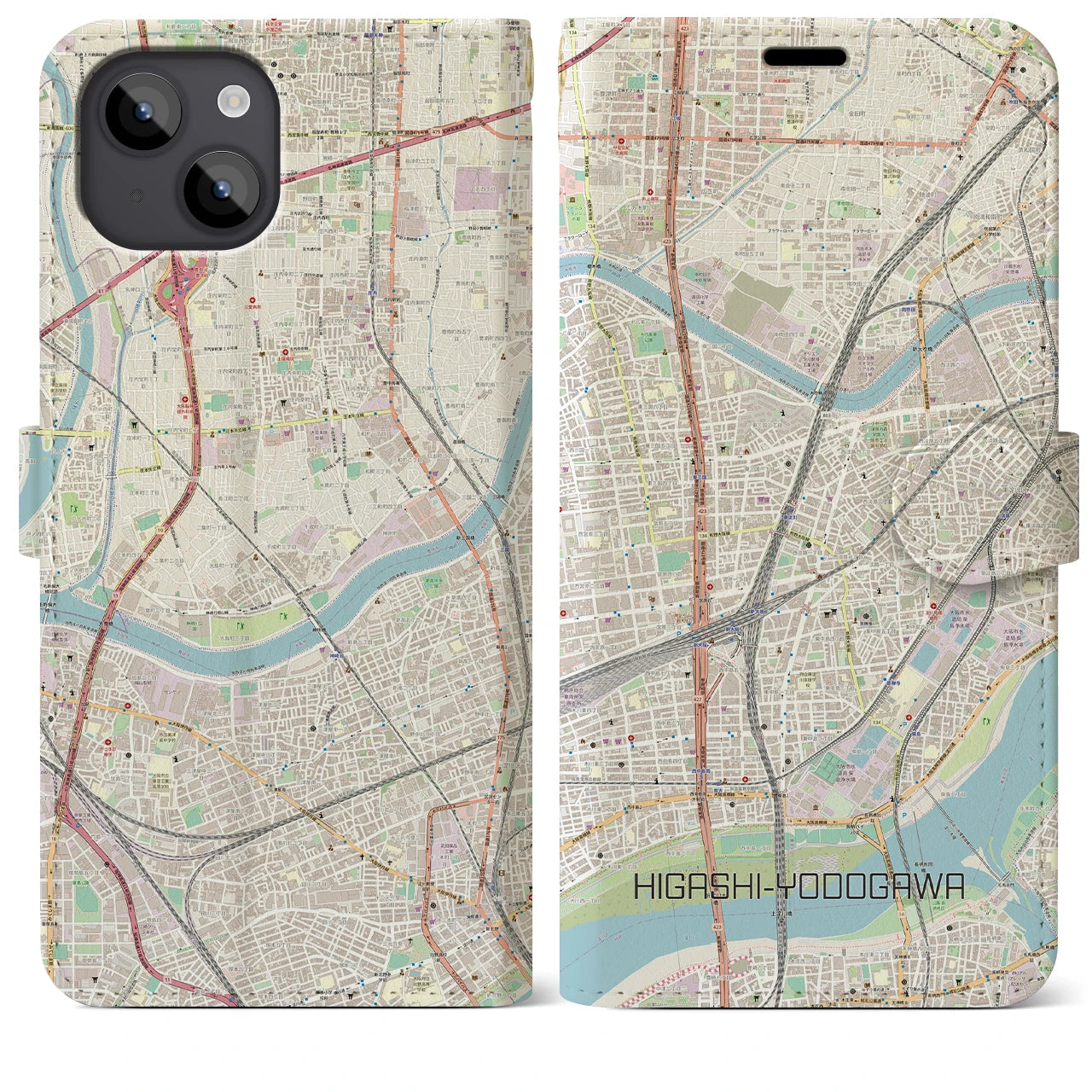 【東淀川(大阪府)】地図柄iPhoneケース(手帳タイプ)ナチュラル・iPhone 14 Plus 用