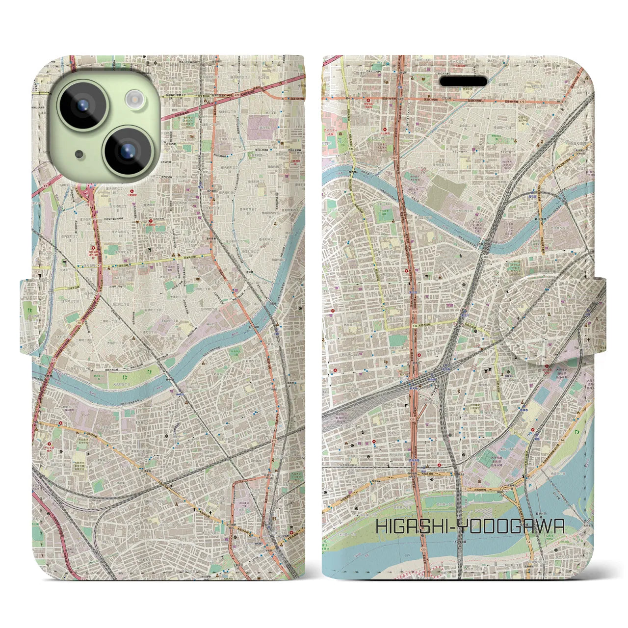 【東淀川(大阪府)】地図柄iPhoneケース(手帳タイプ)ナチュラル・iPhone 15 用