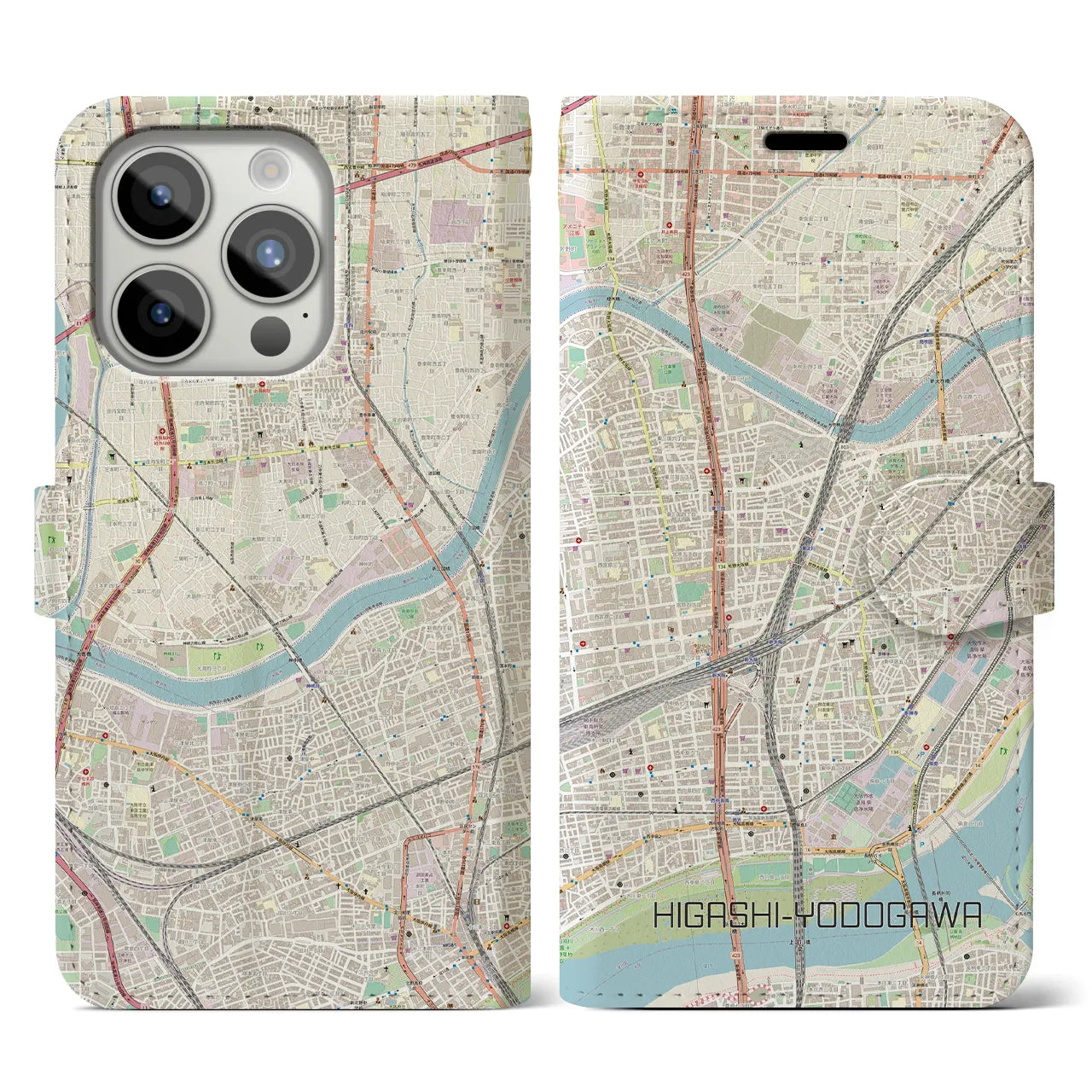 【東淀川(大阪府)】地図柄iPhoneケース(手帳タイプ)ナチュラル・iPhone 15 Pro 用