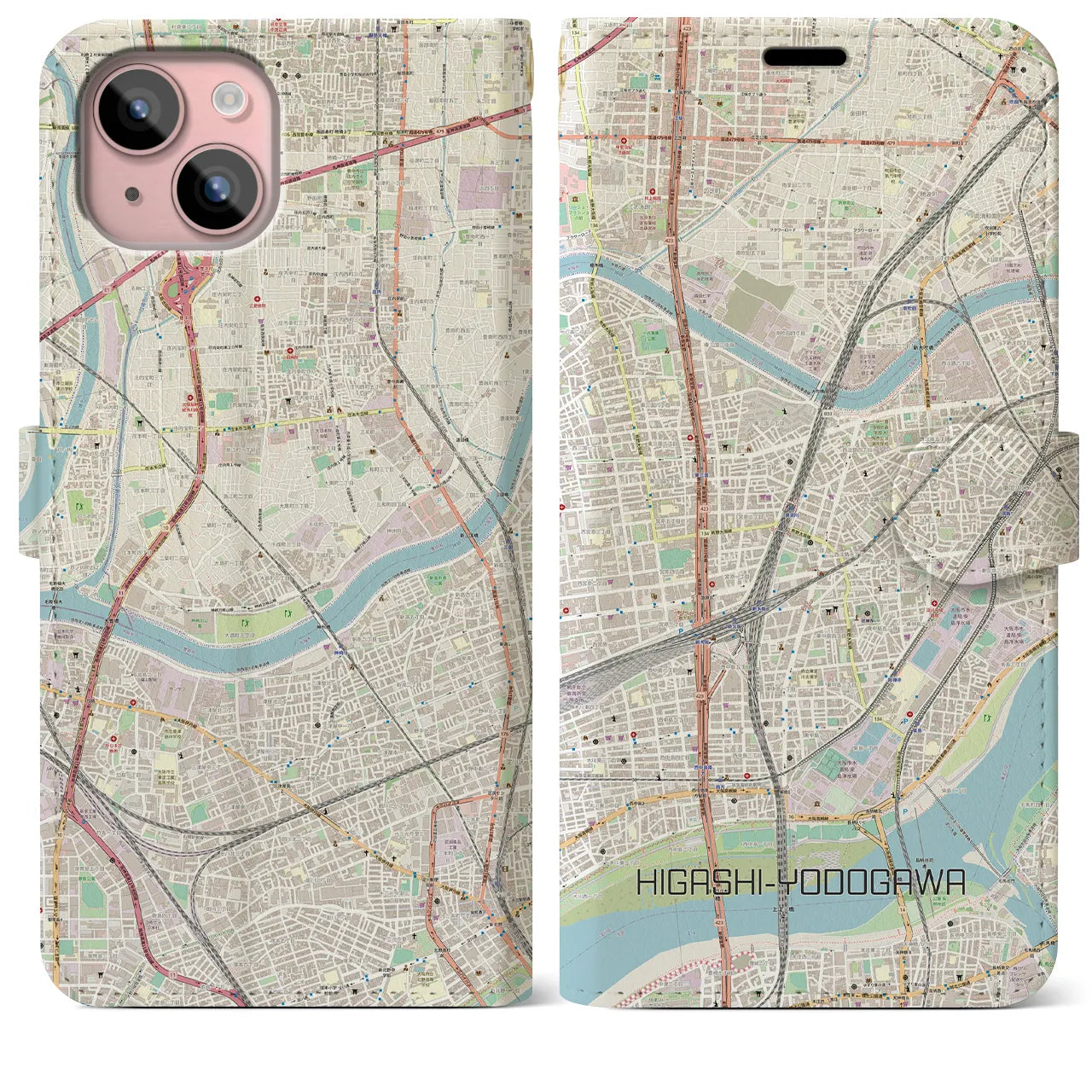 【東淀川(大阪府)】地図柄iPhoneケース(手帳タイプ)ナチュラル・iPhone 15 Plus 用