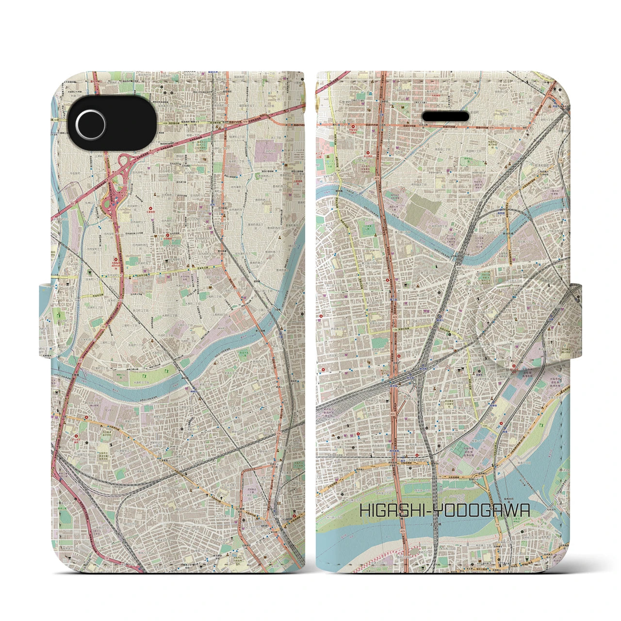 【東淀川(大阪府)】地図柄iPhoneケース(手帳タイプ)ナチュラル・iPhone SE(第3 / 第2世代) / 8 / 7 / 6s / 6 用