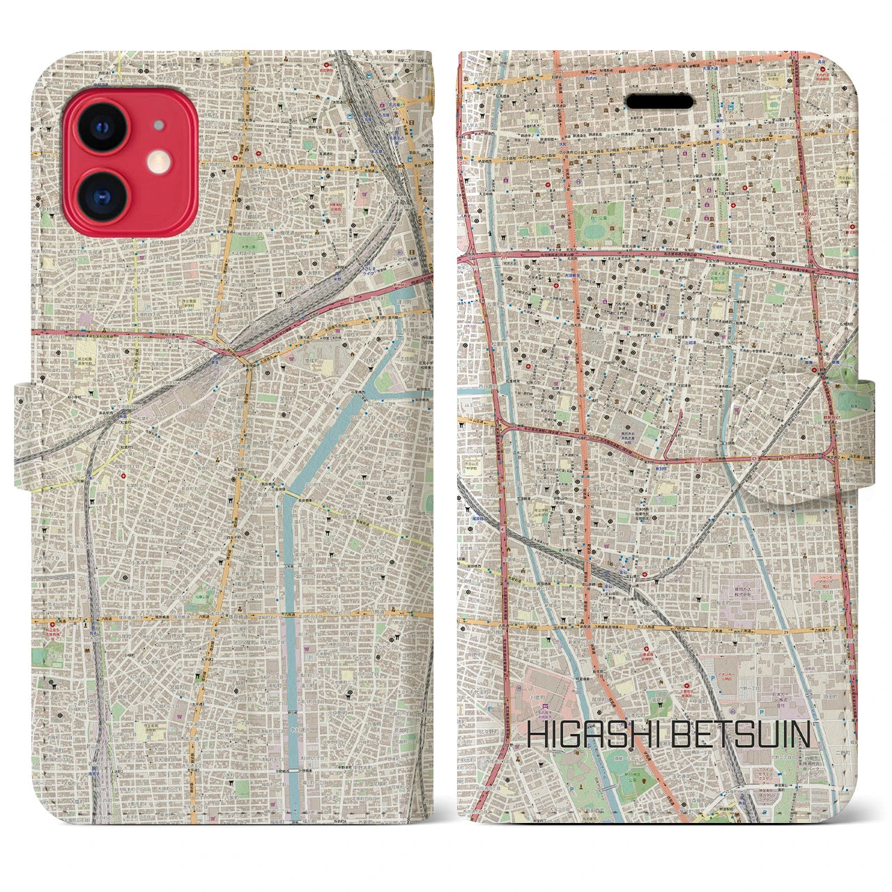 【東別院(愛知県)】地図柄iPhoneケース(手帳タイプ)ナチュラル・iPhone 11 用