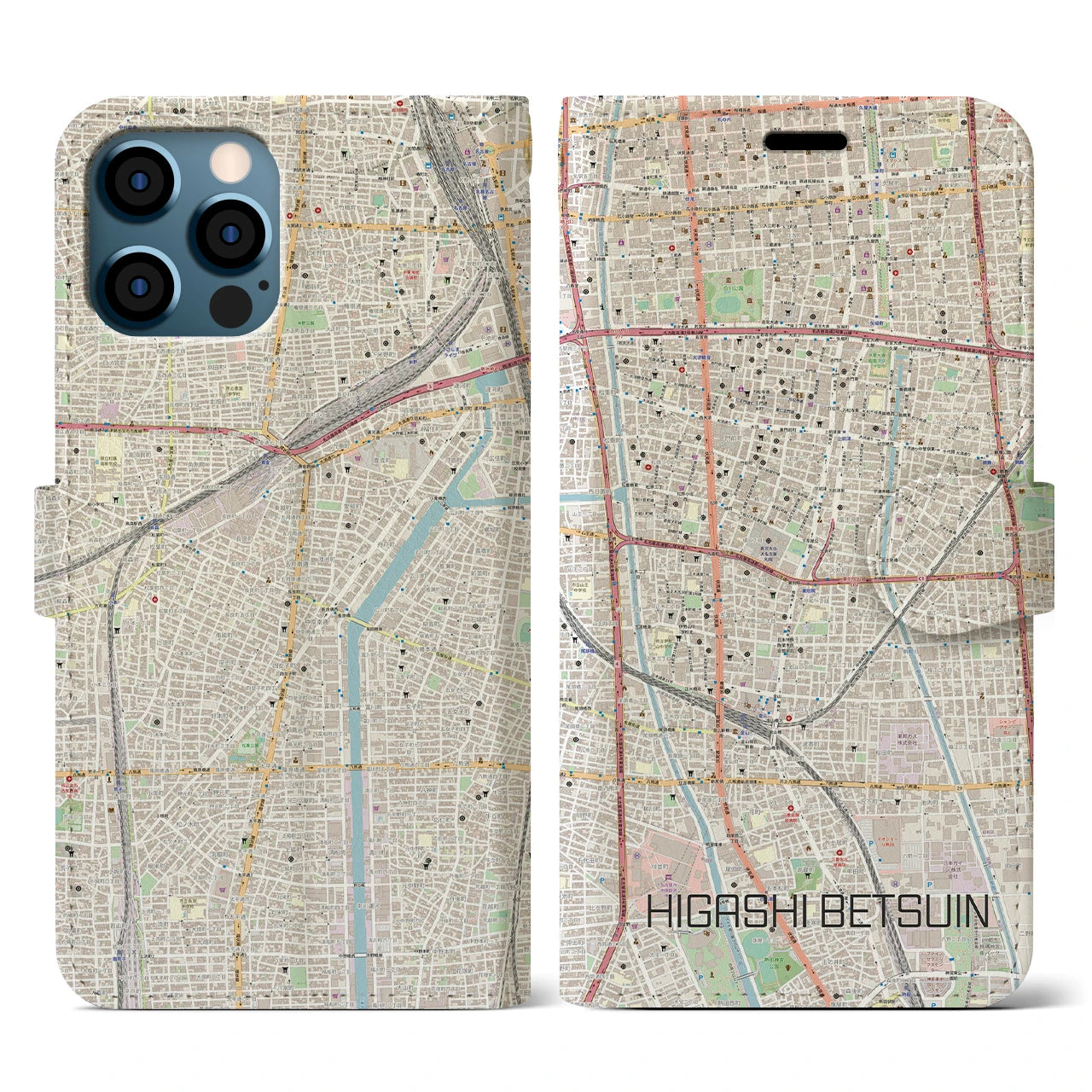 【東別院(愛知県)】地図柄iPhoneケース(手帳タイプ)ナチュラル・iPhone 12 / 12 Pro 用