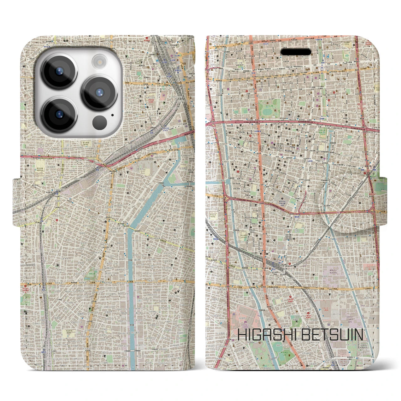 【東別院(愛知県)】地図柄iPhoneケース(手帳タイプ)ナチュラル・iPhone 14 Pro 用