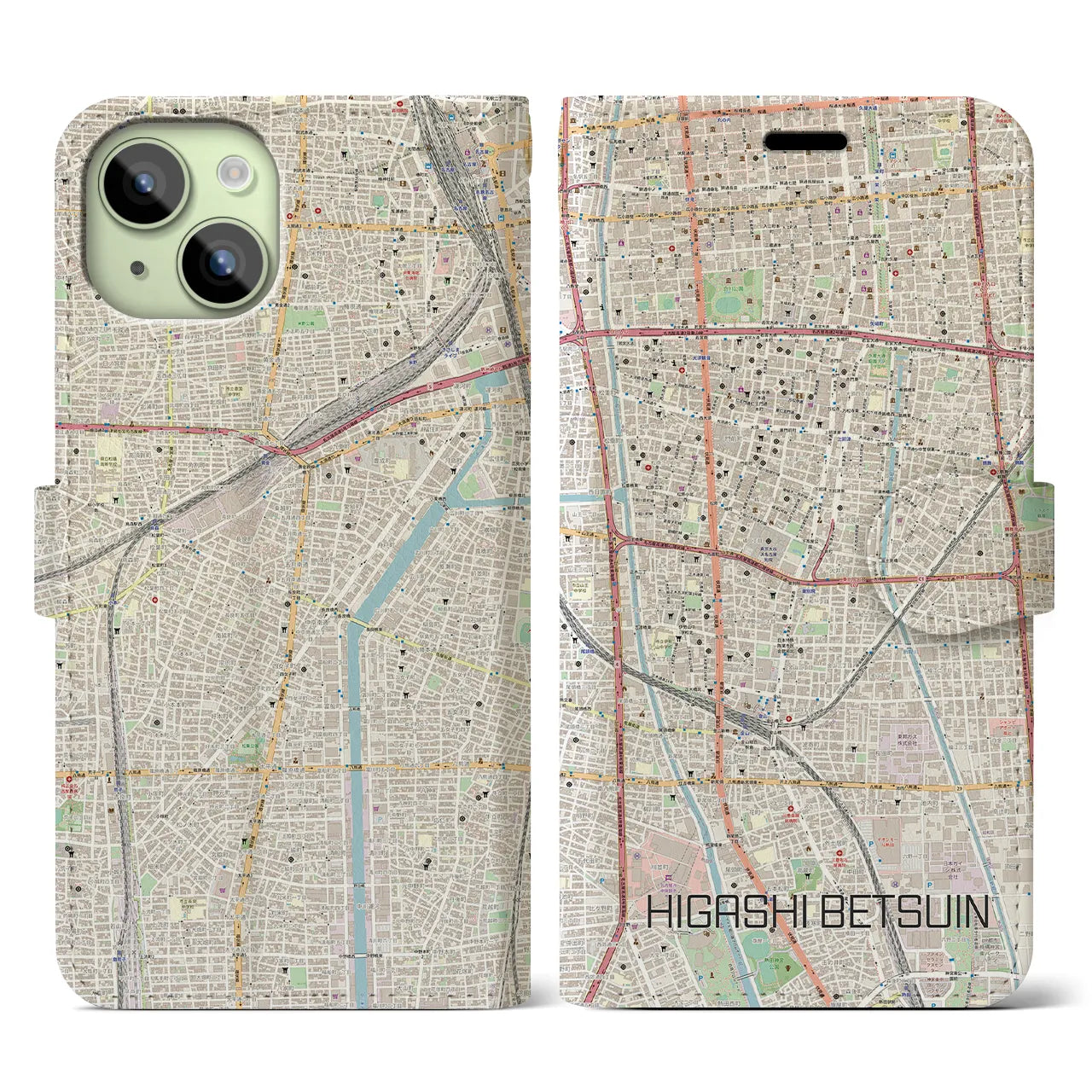 【東別院(愛知県)】地図柄iPhoneケース(手帳タイプ)ナチュラル・iPhone 15 用