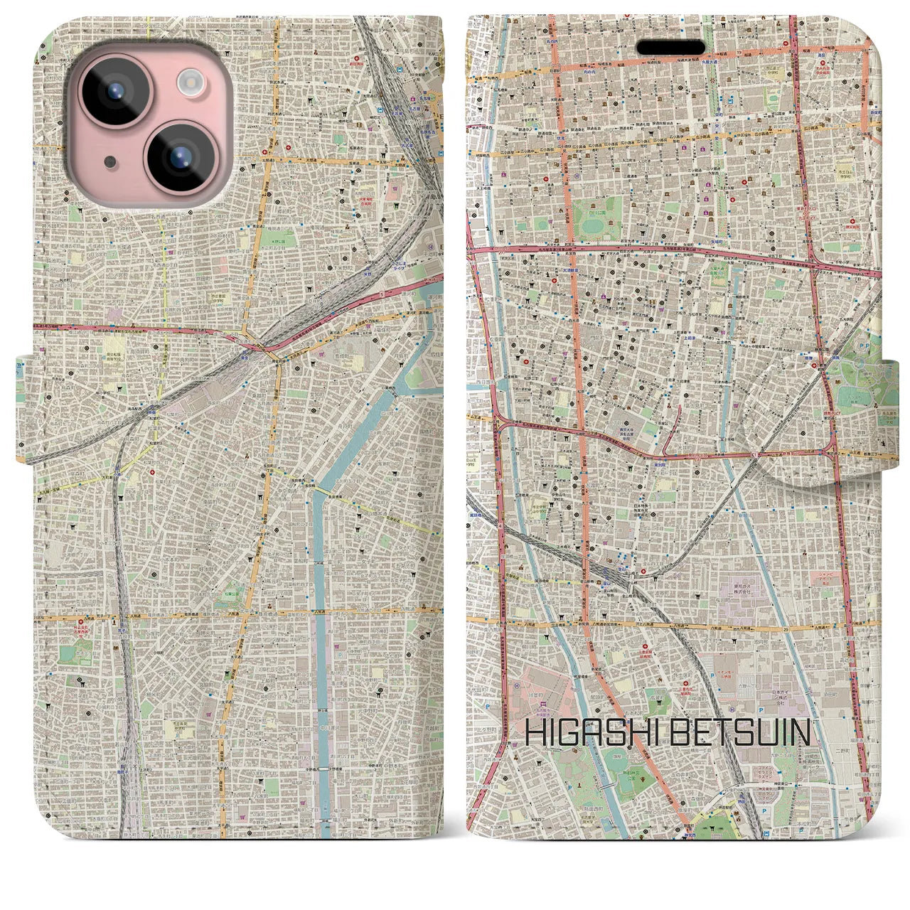 【東別院(愛知県)】地図柄iPhoneケース(手帳タイプ)ナチュラル・iPhone 15 Plus 用