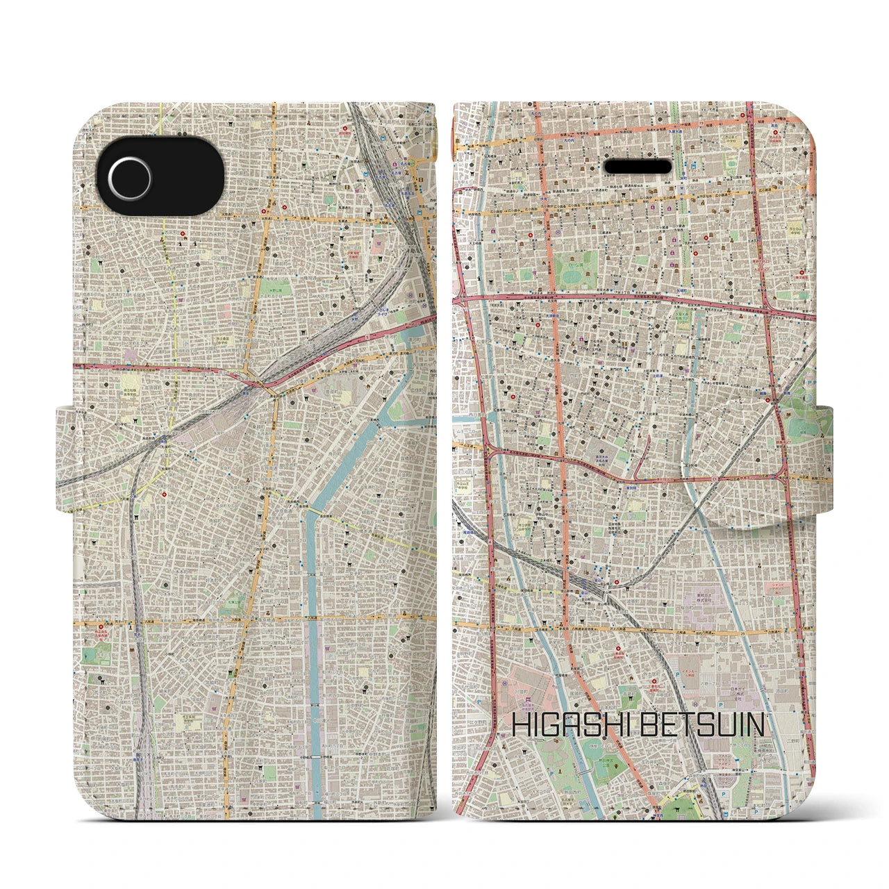 【東別院(愛知県)】地図柄iPhoneケース(手帳タイプ)ナチュラル・iPhone SE(第3 / 第2世代) / 8 / 7 / 6s / 6 用