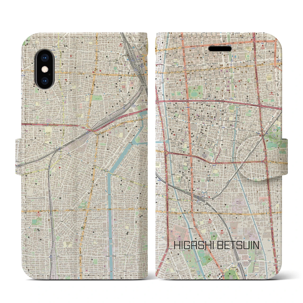【東別院(愛知県)】地図柄iPhoneケース(手帳タイプ)ナチュラル・iPhone XS / X 用