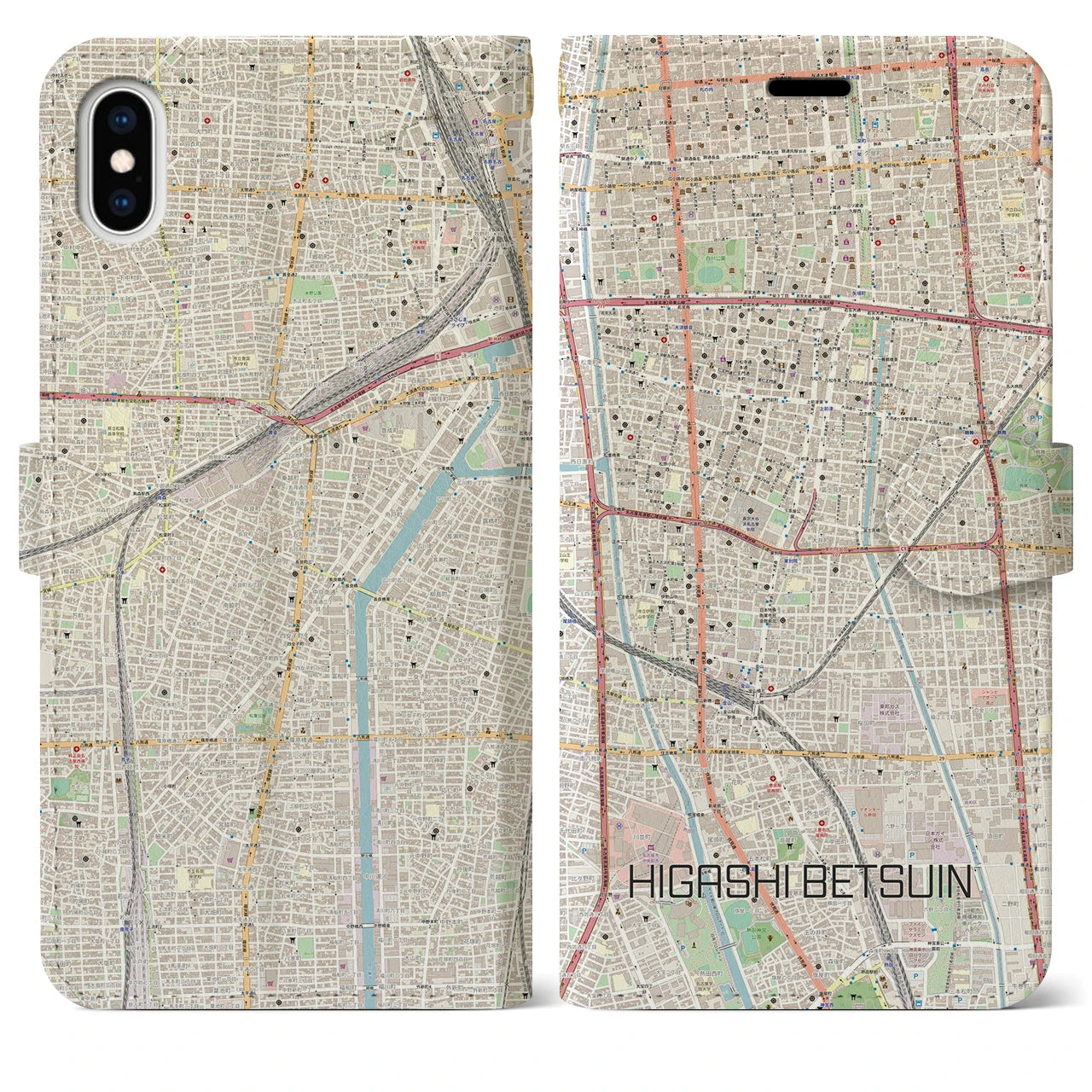 【東別院(愛知県)】地図柄iPhoneケース(手帳タイプ)ナチュラル・iPhone XS Max 用