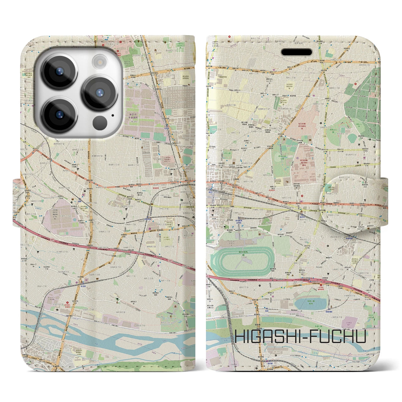 【東府中(東京都)】地図柄iPhoneケース(手帳タイプ)ナチュラル・iPhone 14 Pro 用