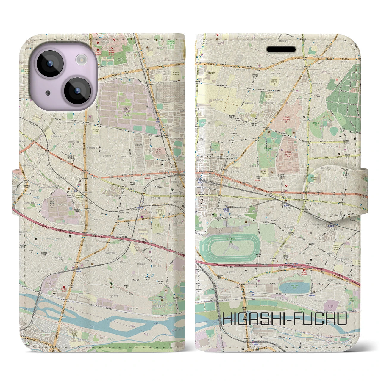 【東府中(東京都)】地図柄iPhoneケース(手帳タイプ)ナチュラル・iPhone 14 用