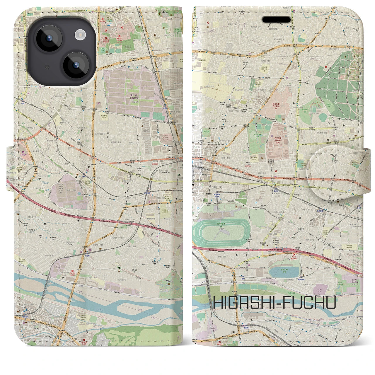 【東府中(東京都)】地図柄iPhoneケース(手帳タイプ)ナチュラル・iPhone 14 Plus 用