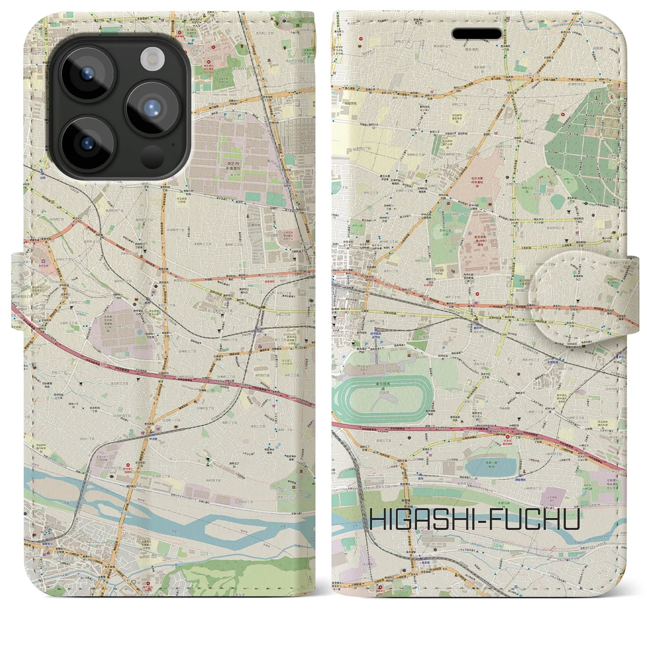 【東府中(東京都)】地図柄iPhoneケース(手帳タイプ)ナチュラル・iPhone 15 Pro Max 用