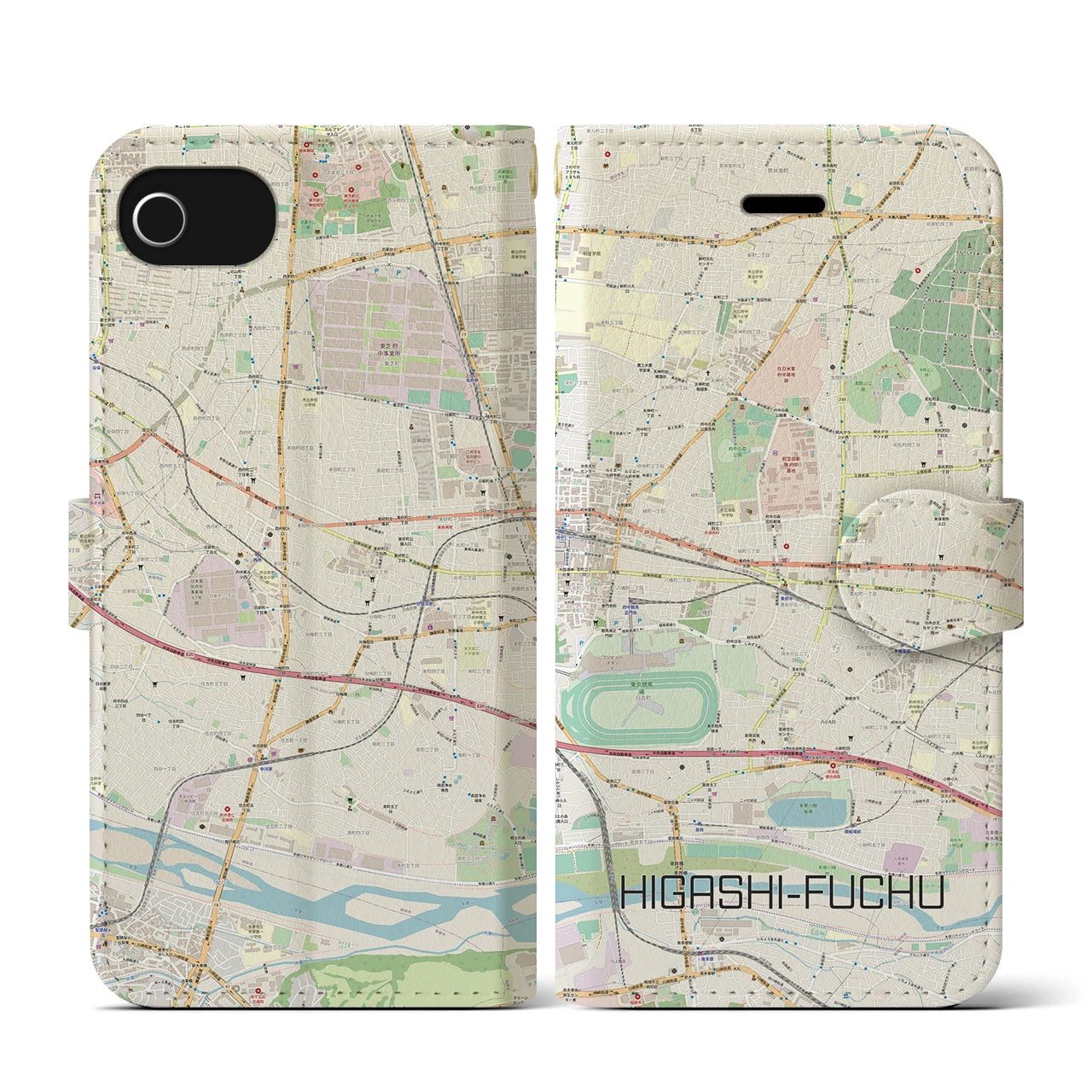 【東府中(東京都)】地図柄iPhoneケース(手帳タイプ)ナチュラル・iPhone SE(第3 / 第2世代) / 8 / 7 / 6s / 6 用