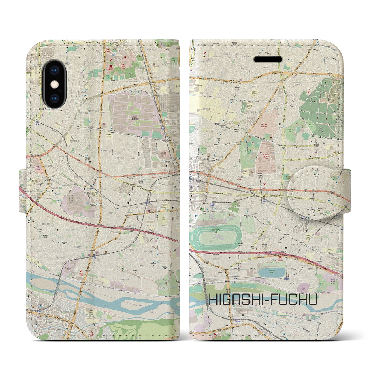 【東府中(東京都)】地図柄iPhoneケース(手帳タイプ)ナチュラル・iPhone XS / X 用